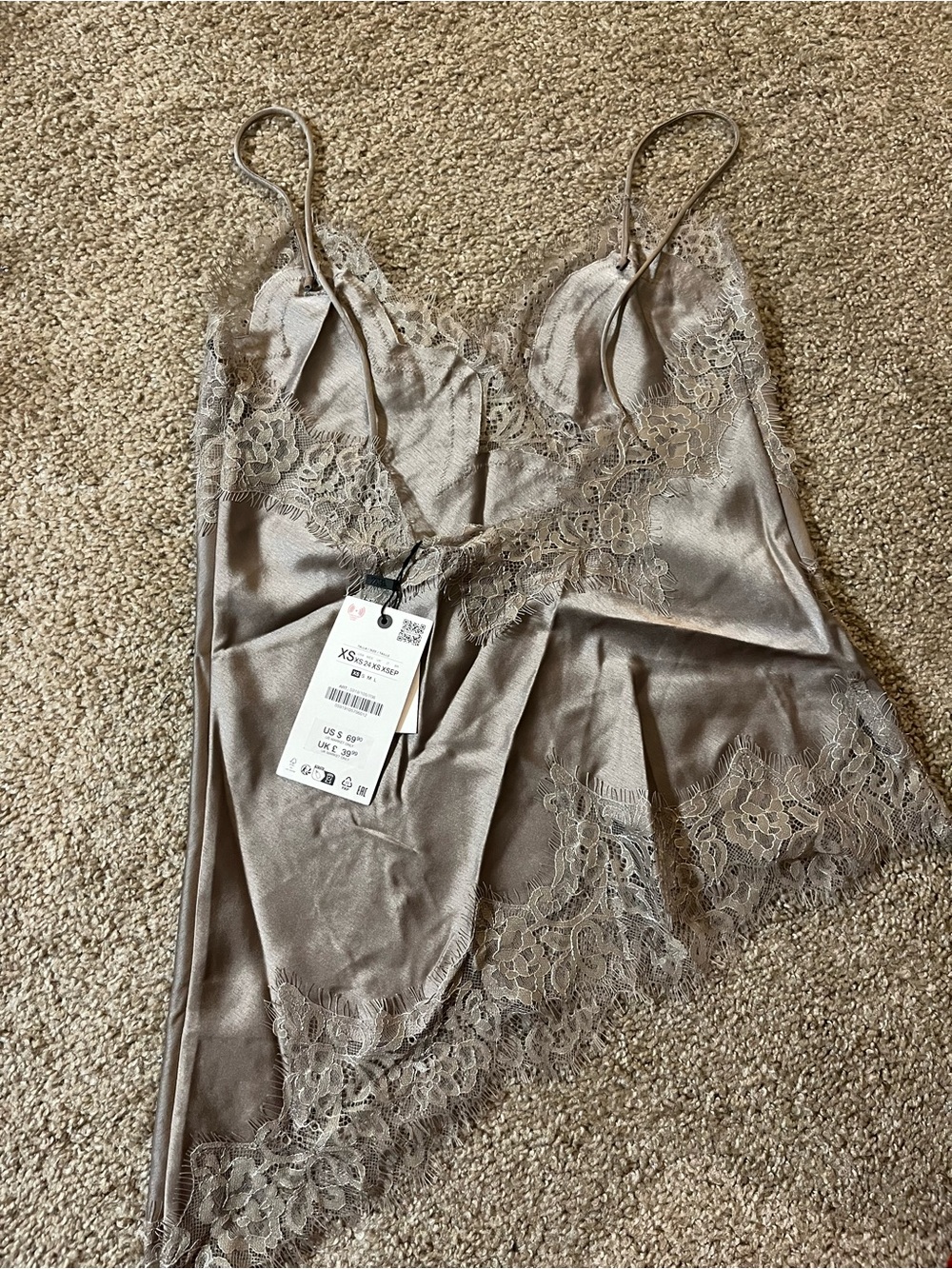Zara Satin Lace-Trim Cami in Taupe - Picture 8 of 9